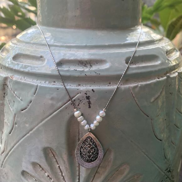 PAZ Sterling Silver & Freshwater Pearl Hammered & Scrolling Necklace in Israel - Picture 5 of 12